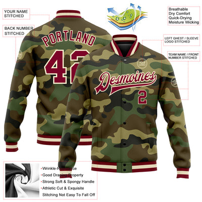 Custom Camo Maroon-Cream Bomber Full-Snap Varsity Letterman Salute To Service Jacket