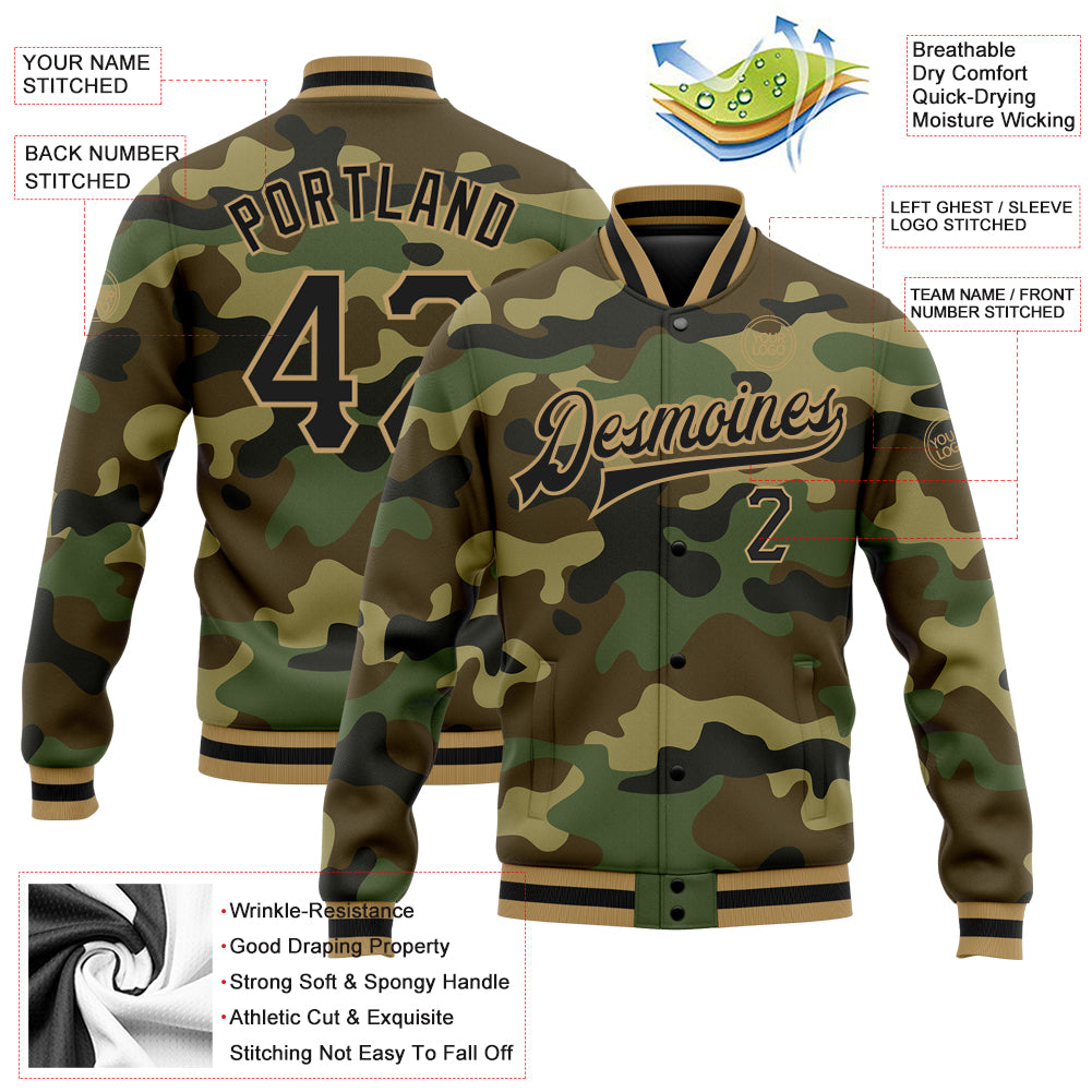 Custom Camo Black-Old Gold Bomber Full-Snap Varsity Letterman Salute To Service Jacket