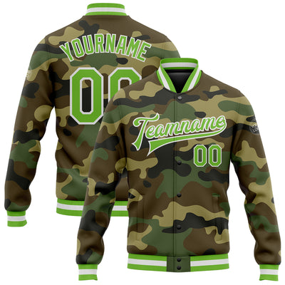 Custom Camo Neon Green-White Bomber Full-Snap Varsity Letterman Salute To Service Jacket