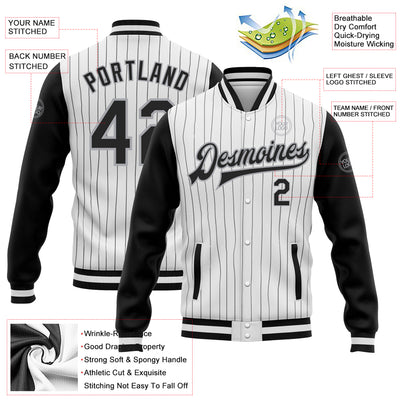 Custom White Black Pinstripe Black-Gray Bomber Full-Snap Varsity Letterman Two Tone Jacket