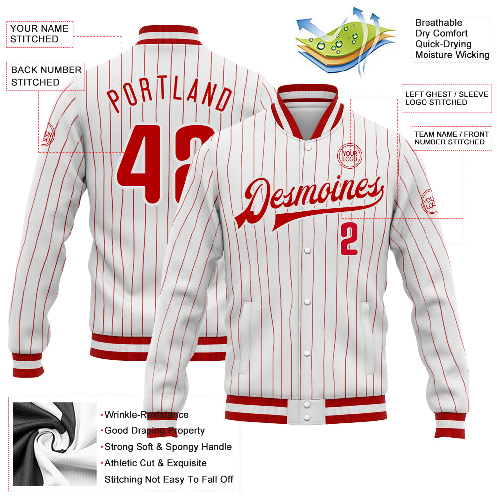 Custom White Red Pinstripe Red-White Bomber Full-Snap Varsity Letterman Jacket