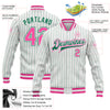 Custom White Kelly Green Pinstripe Pink-Kelly Green Bomber Full-Snap Varsity Letterman Jacket