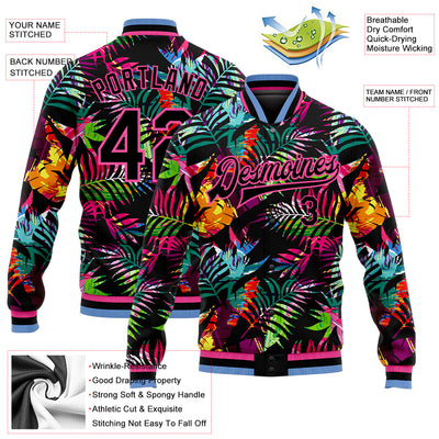 Custom Black Pink-Light Blue Hawaii Palm Trees 3D Bomber Full-Snap Varsity Letterman Jacket