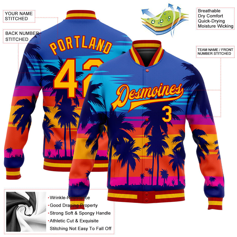 Custom Royal Gold-Red Hawaii Palm Trees 3D Bomber Full-Snap Varsity Letterman Jacket