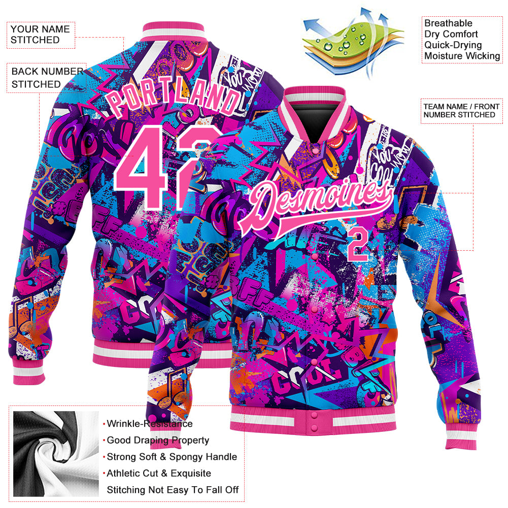 Custom Graffiti Pattern Pink-White Words 3D Bomber Full-Snap Varsity Letterman Jacket