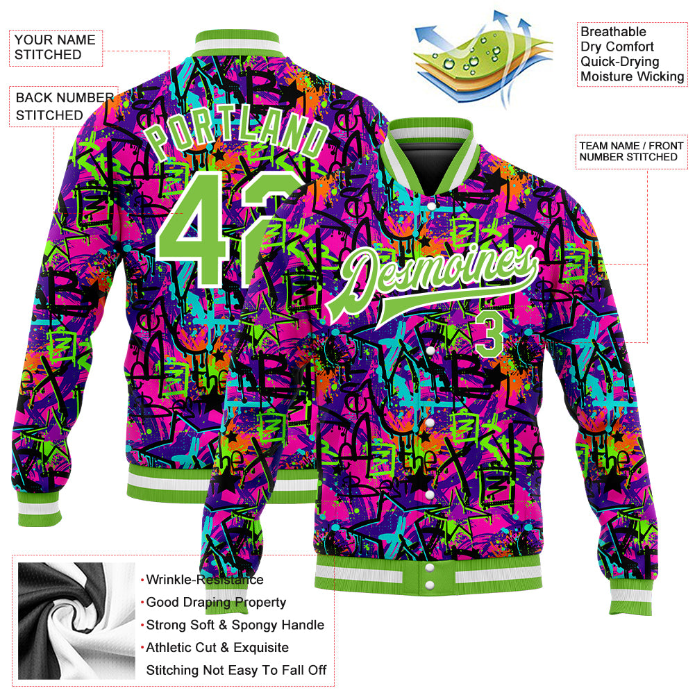 Custom Graffiti Pattern Neon Green-White 3D Bomber Full-Snap Varsity Letterman Jacket