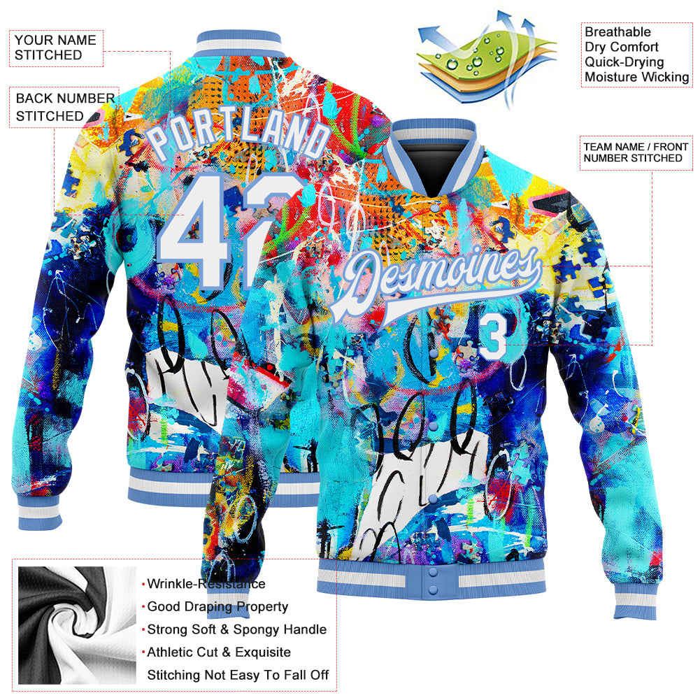 Custom Graffiti Pattern White-Light Blue Abstract 3D Bomber Full-Snap Varsity Letterman Jacket