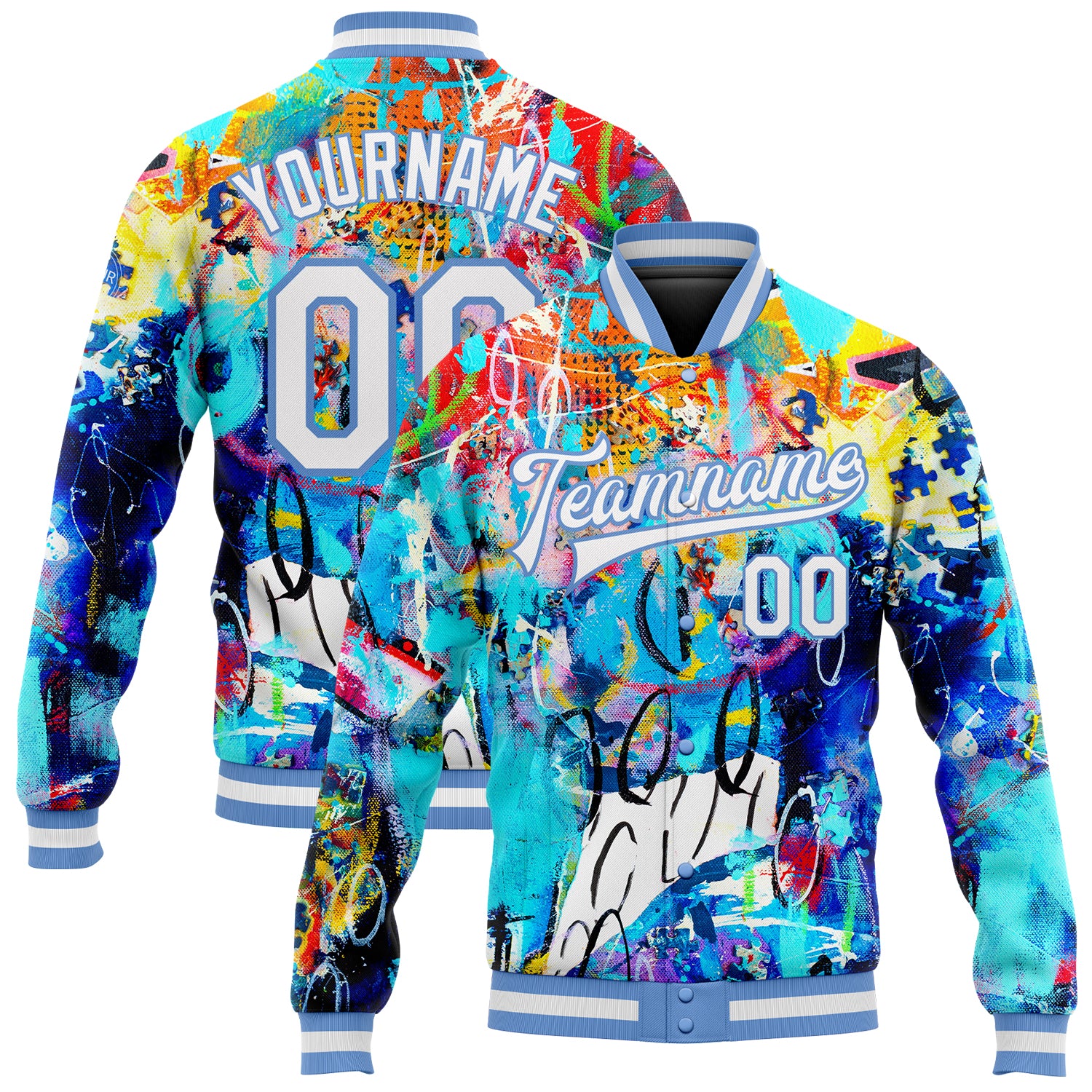 Custom Graffiti Pattern White-Light Blue Abstract 3D Bomber Full-Snap Varsity Letterman Jacket