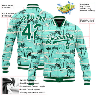 Custom Aqua Kelly Green-White Hawaii Palm Trees 3D Bomber Full-Snap Varsity Letterman Jacket