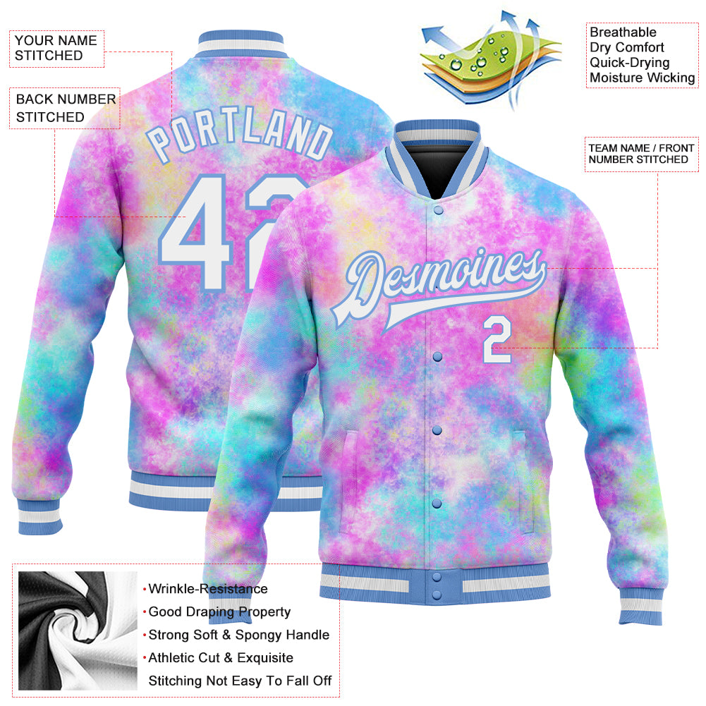 Custom Tie Dye White-Light Blue Rainbow 3D Bomber Full-Snap Varsity Letterman Jacket