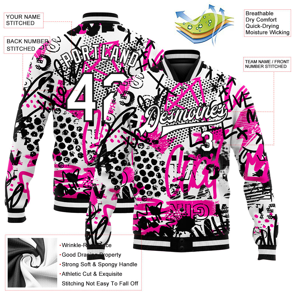 Custom Graffiti Pattern White-Black Scratch 3D Bomber Full-Snap Varsity Letterman Jacket