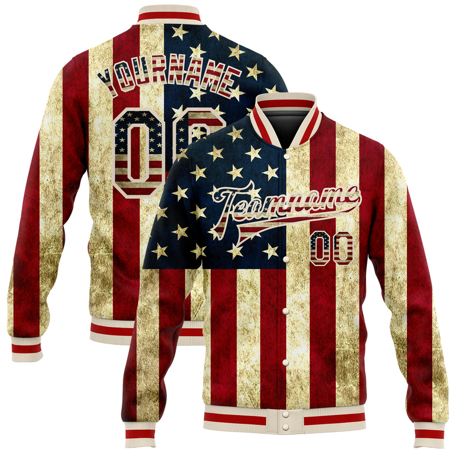 Custom White Varsity Letterman Jacket Vintage USA Flag-Black Bomber  Full-Snap - FansIdea