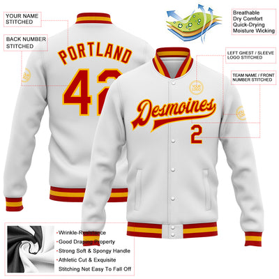 Custom White Red-Gold Bomber Full-Snap Varsity Letterman Jacket