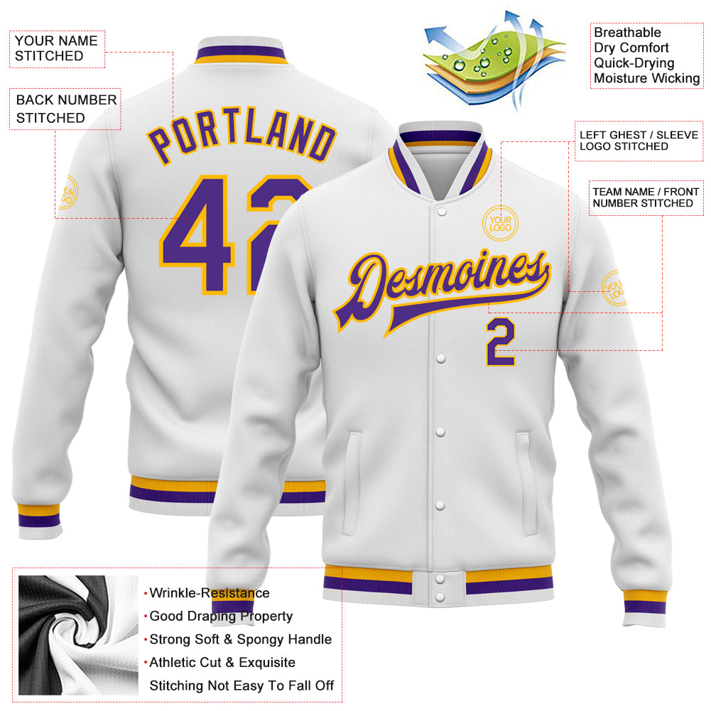 Custom White Purple-Gold Bomber Full-Snap Varsity Letterman Jacket