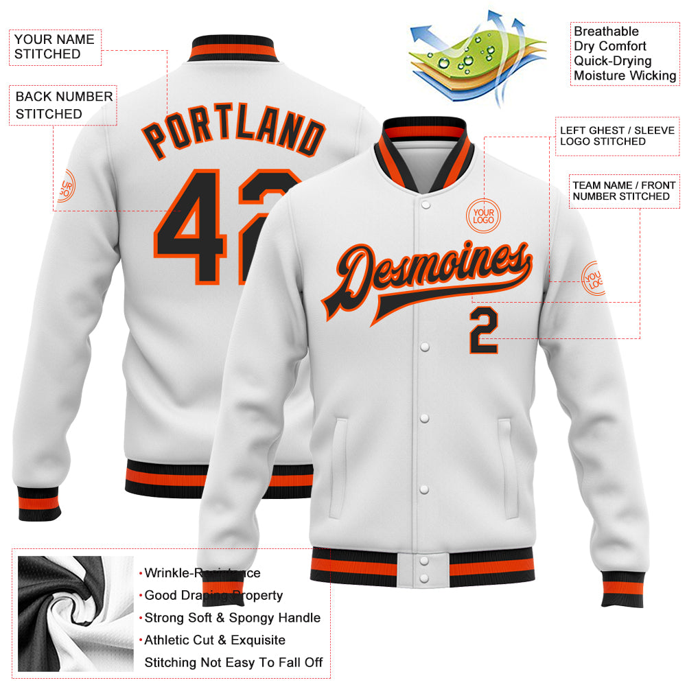 Custom White Black-Orange Bomber Full-Snap Varsity Letterman Jacket