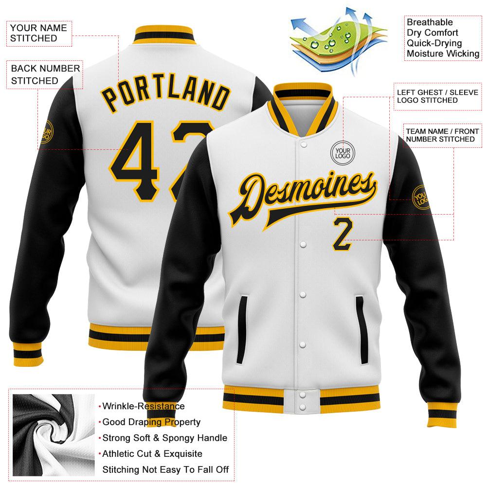 Custom White Black-Gold Bomber Full-Snap Varsity Letterman Two Tone Jacket