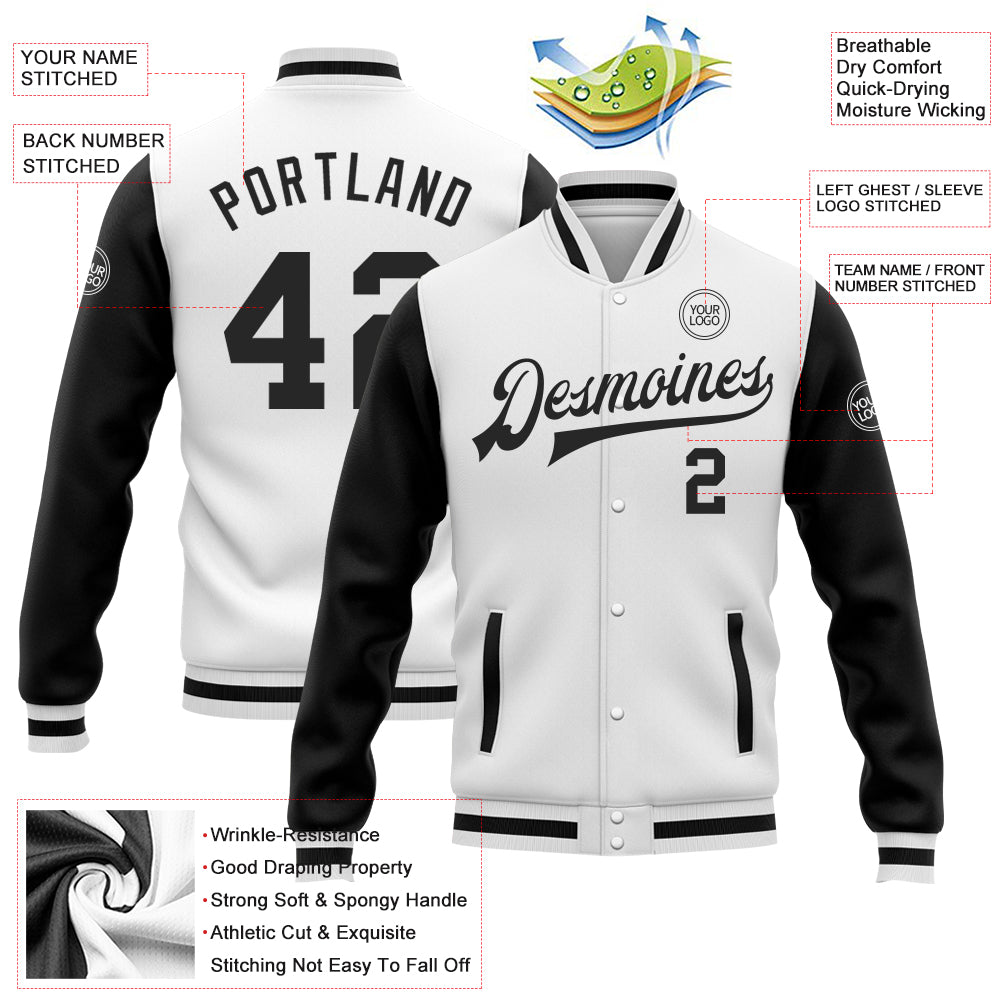 Custom White Black Bomber Full-Snap Varsity Letterman Two Tone Jacket