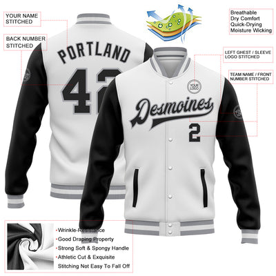 Custom White Black-Gray Bomber Full-Snap Varsity Letterman Two Tone Jacket