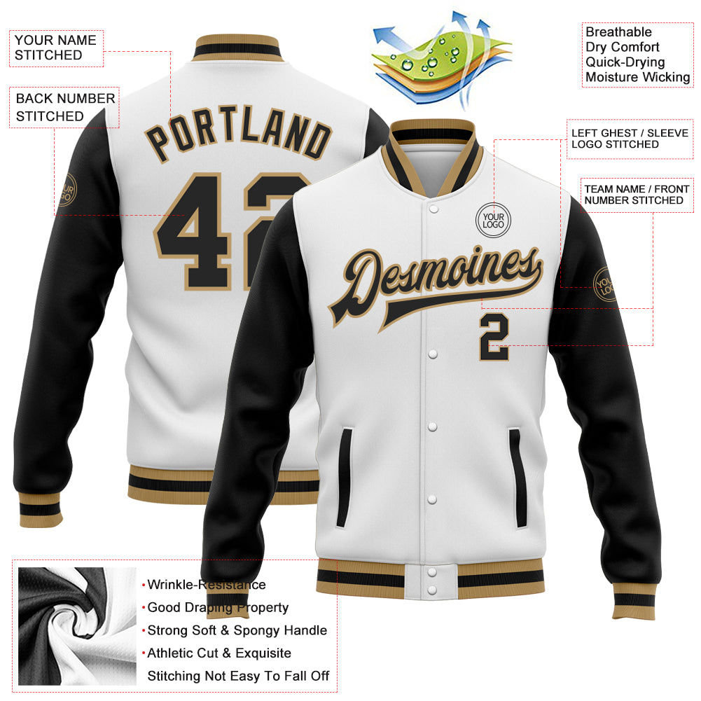 Custom White Black-Old Gold Bomber Full-Snap Varsity Letterman Two Tone Jacket