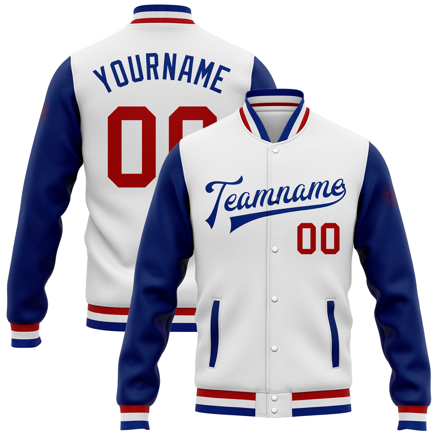 Custom White Red-Royal Bomber Full-Snap Varsity Letterman Two Tone Jacket