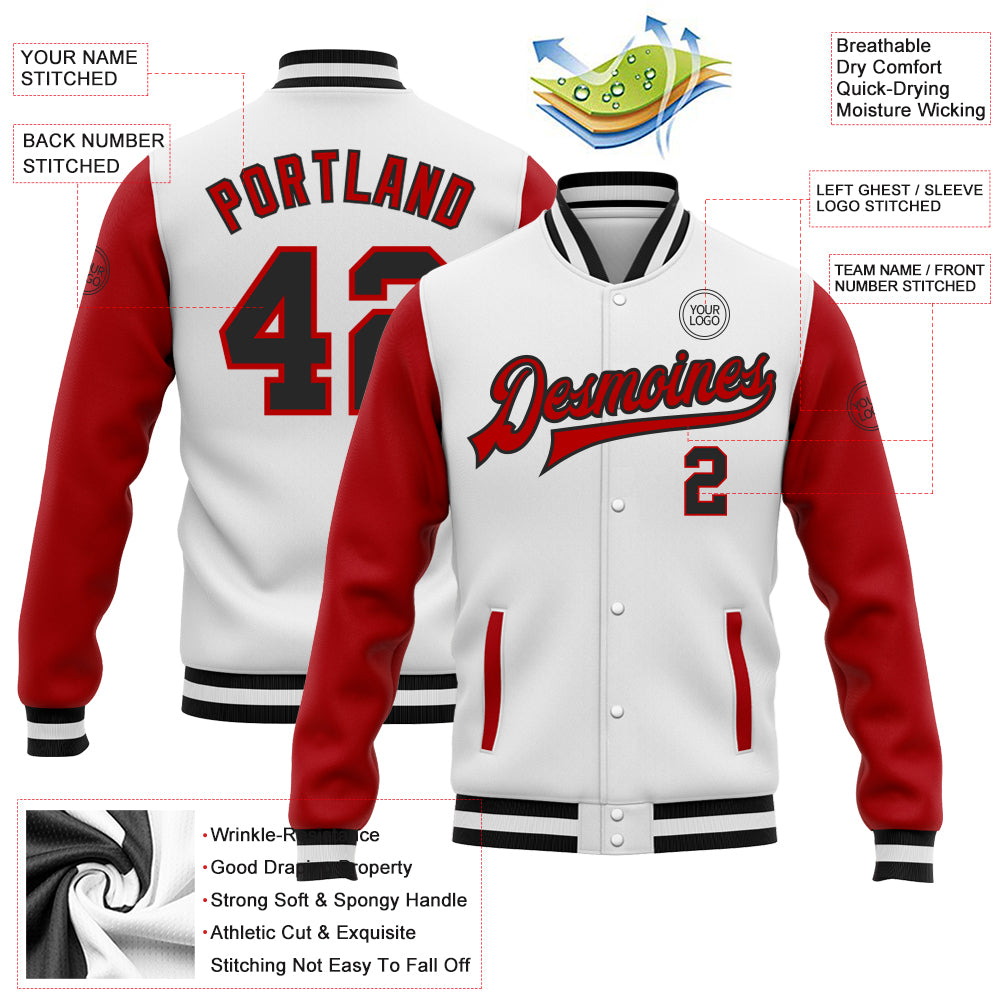 Custom White Black-Red Bomber Full-Snap Varsity Letterman Two Tone Jacket