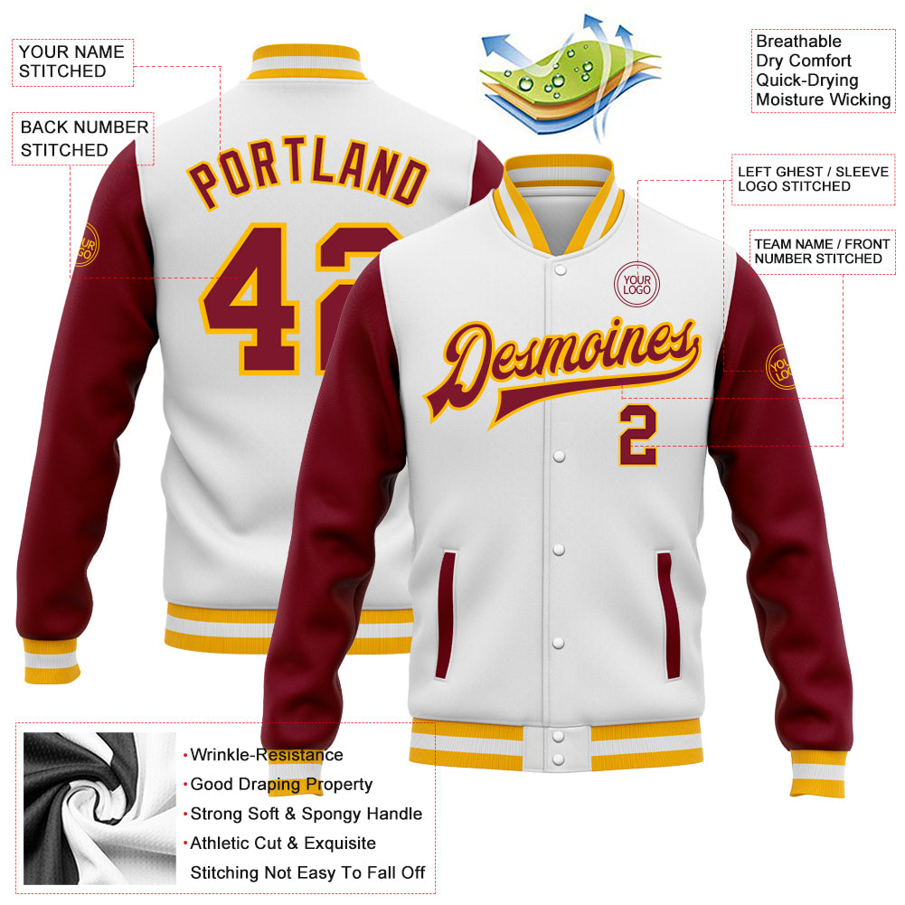 Custom White Crimson-Gold Bomber Full-Snap Varsity Letterman Two Tone Jacket