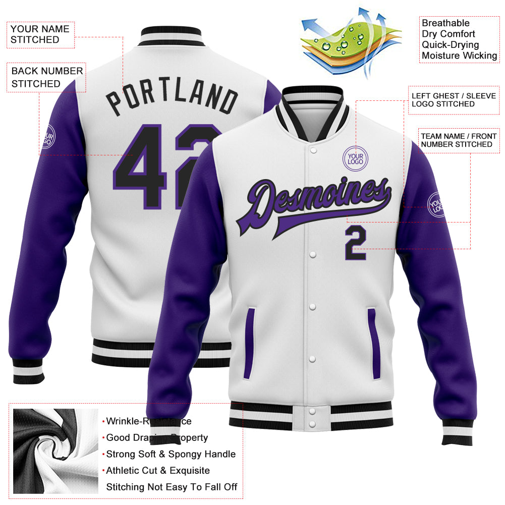 Custom White Black-Purple Bomber Full-Snap Varsity Letterman Two Tone Jacket