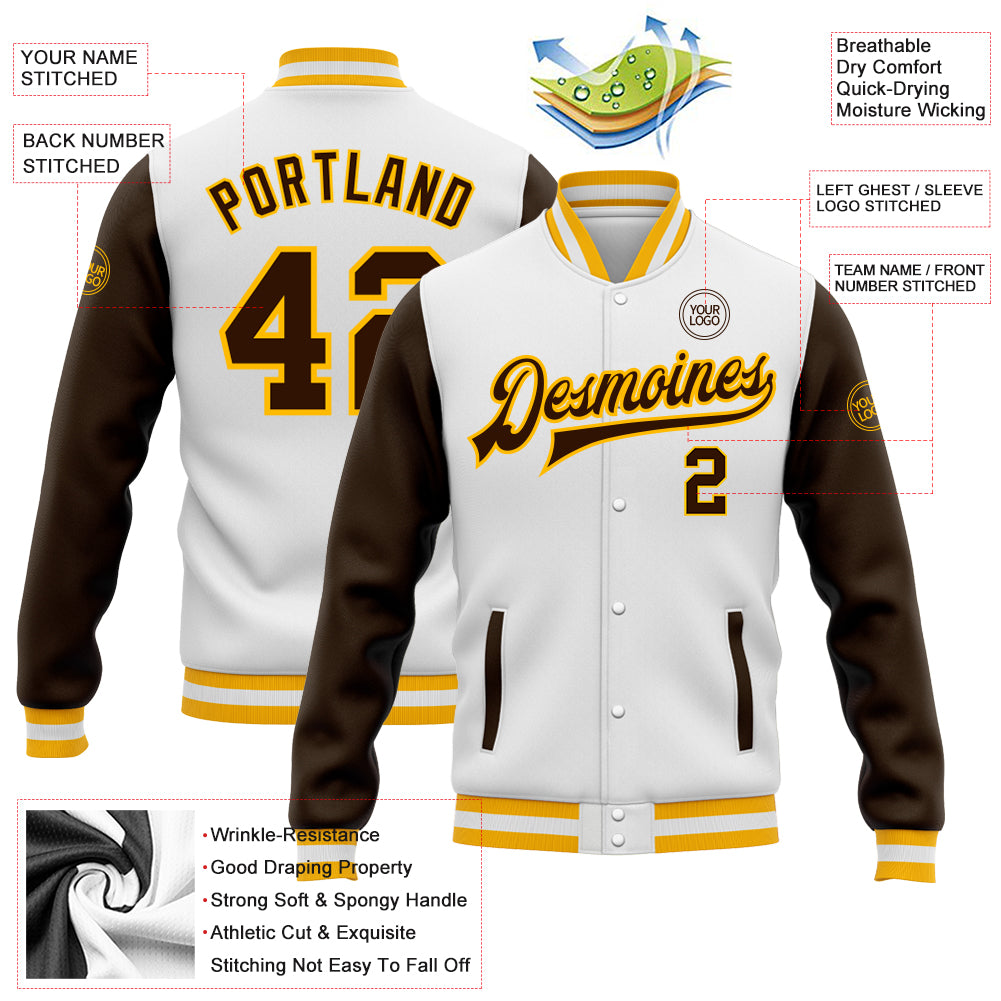 Custom White Brown-Gold Bomber Full-Snap Varsity Letterman Two Tone Jacket