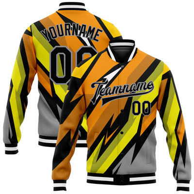 Custom Gray Black Orange-Gold 3D Pattern Design Bomber Full-Snap Varsity Letterman Jacket