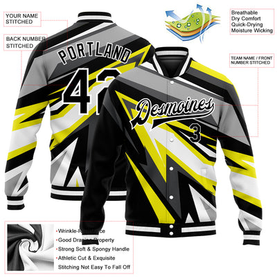 Custom Gray Black-Gold 3D Pattern Design Bomber Full-Snap Varsity Letterman Jacket