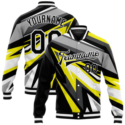 Custom Gray Black-Gold 3D Pattern Design Bomber Full-Snap Varsity Letterman Jacket