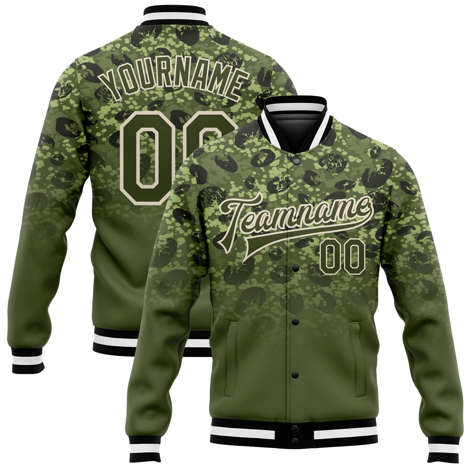 Custom Olive Jacket Cream Black 3D Bomber Full Snap Varsity Letterman Salute To Service FansIdea