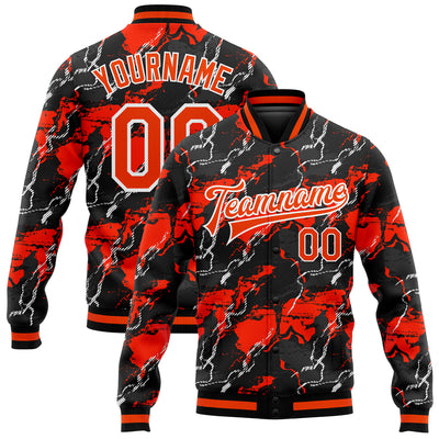 Custom Red Orange-Black 3D Pattern Design Bomber Full-Snap Varsity Letterman Jacket