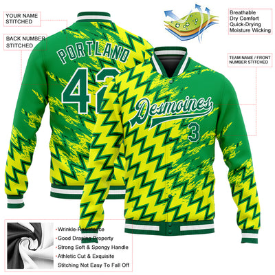 Custom Gold Kelly Green-White 3D Pattern Design Bomber Full-Snap Varsity Letterman Jacket