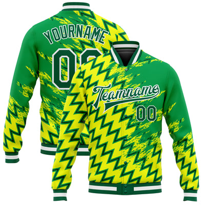 Custom Gold Kelly Green-White 3D Pattern Design Bomber Full-Snap Varsity Letterman Jacket