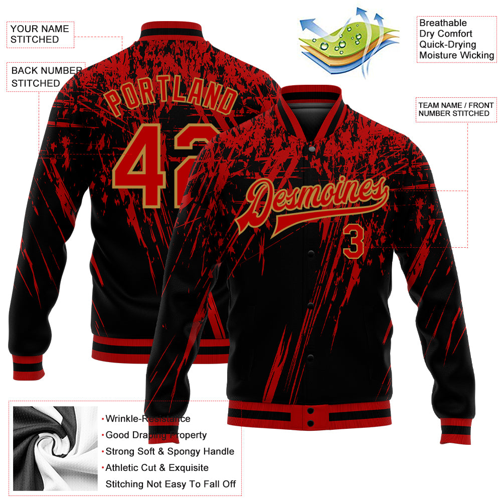 Custom Black Red-Old Gold 3D Pattern Design Bomber Full-Snap Varsity Letterman Jacket