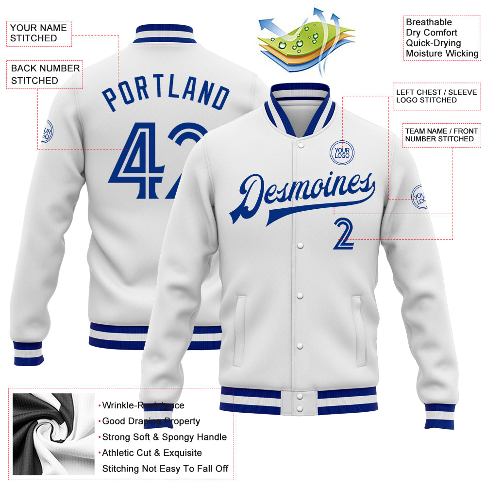 Custom White White-Royal Bomber Full-Snap Varsity Letterman Jacket