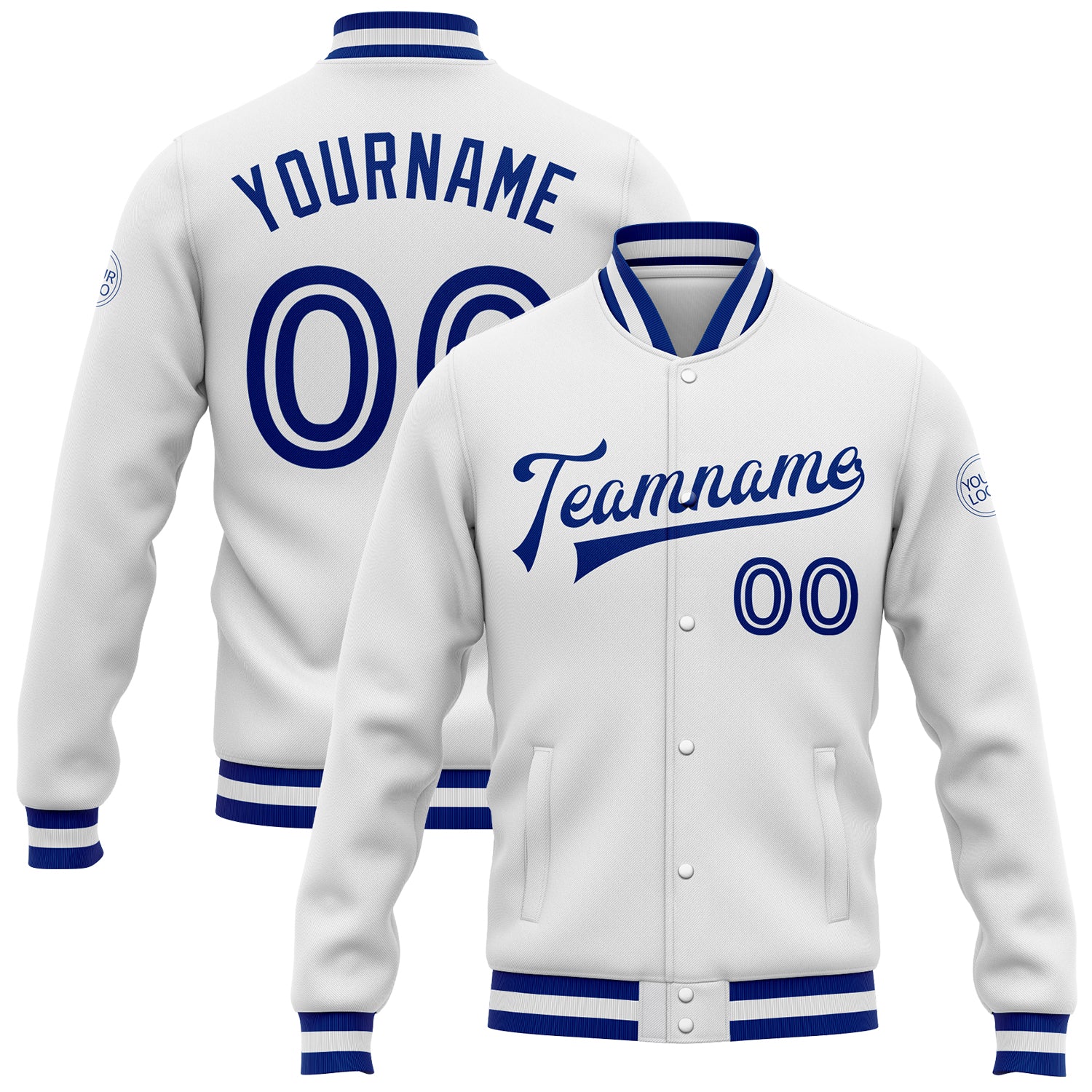 Custom White White-Royal Bomber Full-Snap Varsity Letterman Jacket