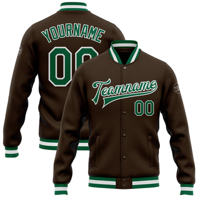 Custom Brown Kelly Green-White Bomber Full-Snap Varsity Letterman Jacket