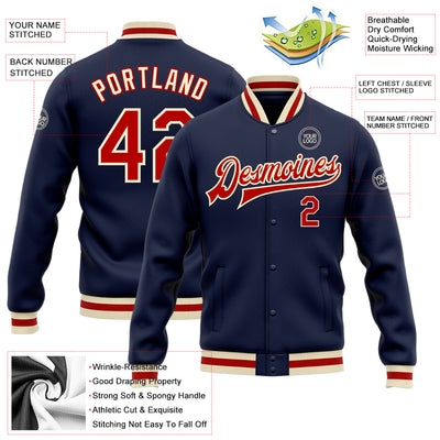 Custom Navy Red-Cream Bomber Full-Snap Varsity Letterman Jacket