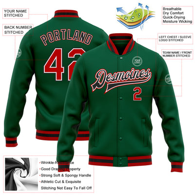 Custom Kelly Green Red-Black Bomber Full-Snap Varsity Letterman Jacket