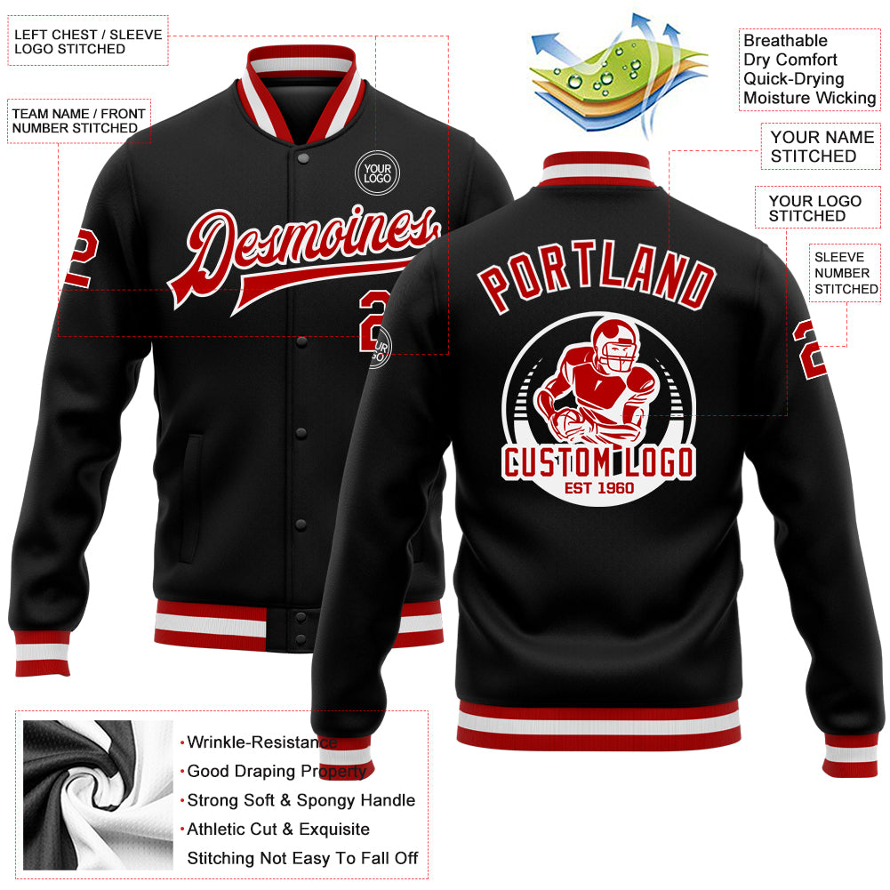 Custom Black Red-White Bomber Full-Snap Varsity Letterman Jacket