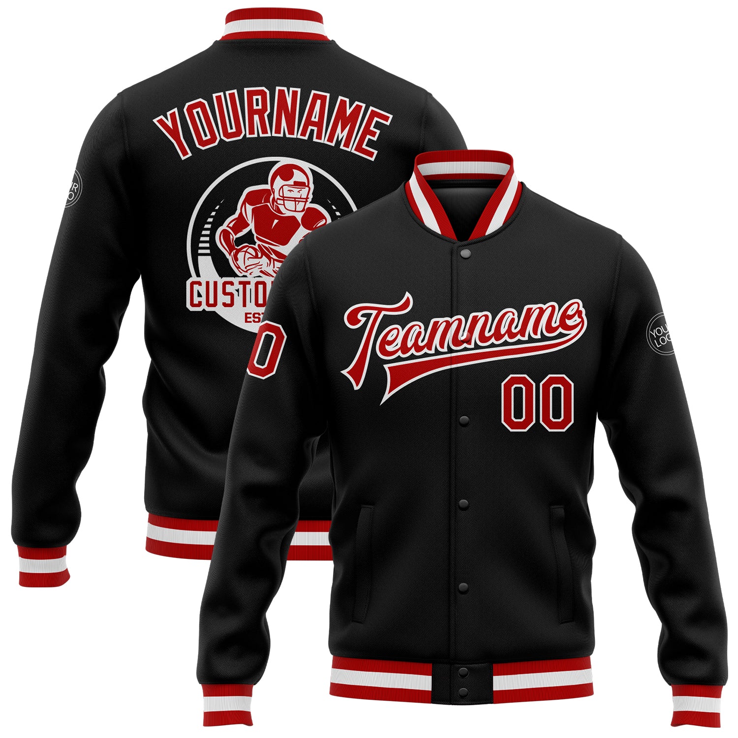 Custom Black Varsity Letterman Jacket Red White Bomber Full Snap FansIdea