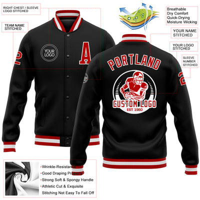 Custom Black Red-White Bomber Full-Snap Varsity Letterman Jacket