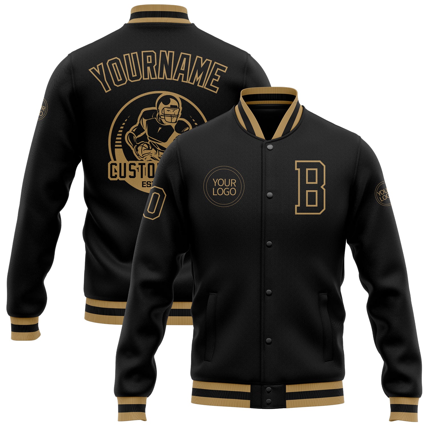 Custom Black Varsity Letterman Jacket Old Gold Bomber Full Snap FansIdea