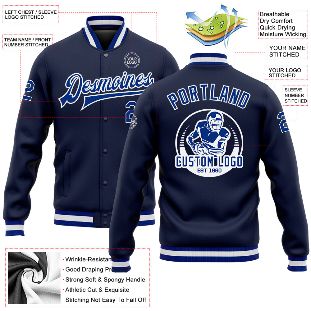 Custom Navy Royal-White Bomber Full-Snap Varsity Letterman Jacket