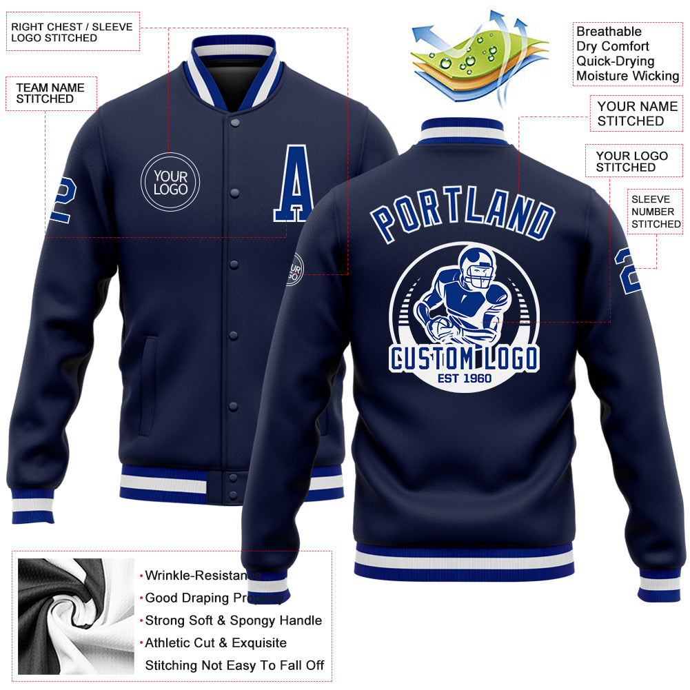 Custom Navy Royal-White Bomber Full-Snap Varsity Letterman Jacket