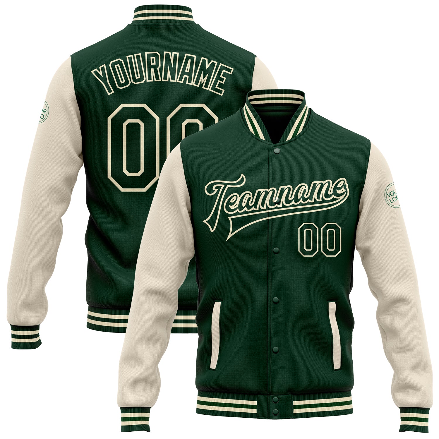 Custom Green Green-Cream Bomber Full-Snap Varsity Letterman Two Tone Jacket