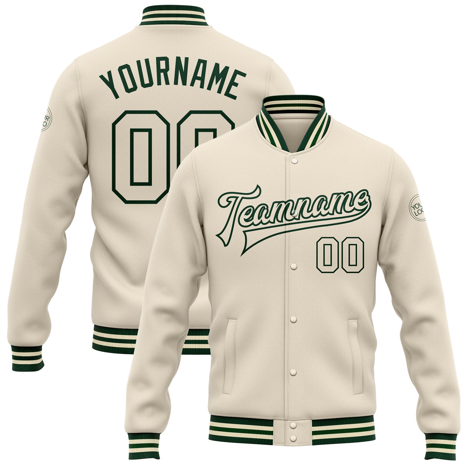 Custom Cream Cream-Green Bomber Full-Snap Varsity Letterman Jacket