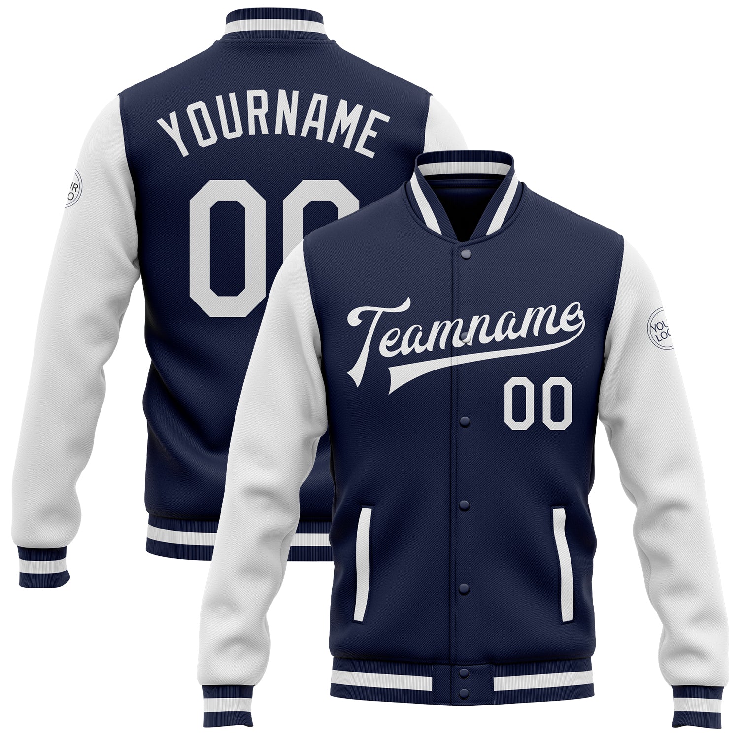 Custom Navy White Bomber Full-Snap Varsity Letterman Two Tone Jacket